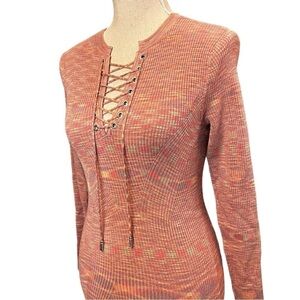 Marciano Body Conscious Ribbed Knit Midi Rainbow Dress with Lace Up Neck